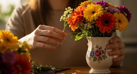 柔らかな自然光が優しく降り注ぐ中女性が鮮やかな花々を丁寧に活ける心癒される瞬間手元に広がる美しい彩りの花束が空間を彩る. AI Generated