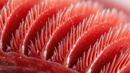 Striking macro study of a vibrant red organic surface revealing delicate bristle-like structures