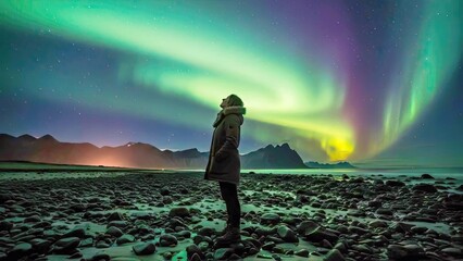 Northern Lights Over Rocky Beach With Woman Silhouette on Shoreline Night Landscape