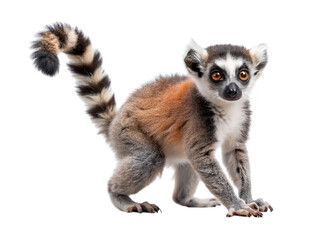A captivating portrait of a ring-tailed lemur standing against a solid black background