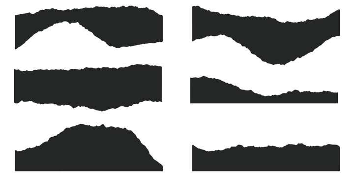 Collection of six different black torn paper edge design elements on white background