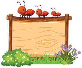 Cartoon Ants on Wooden Sign with Flowers and Grass