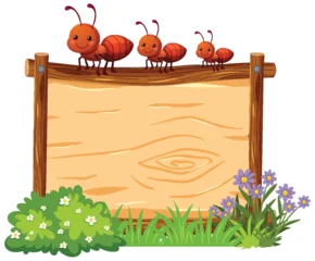Selbstklebende Fototapeten Kinder Cartoon Ants on Wooden Sign with Flowers and Grass  © GraphicsRF