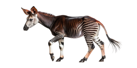 A full-body side view of an okapi walking, isolated on a black background