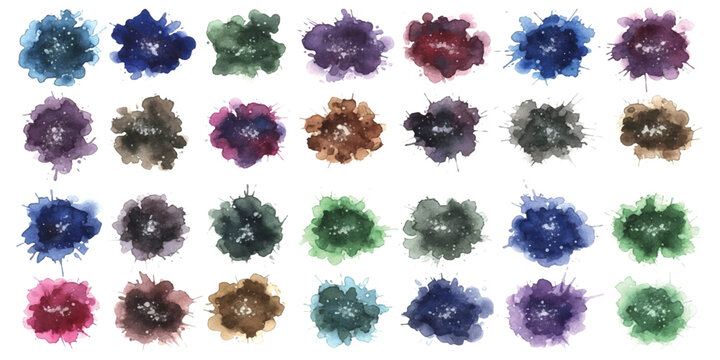 A collection of colorful watercolor splotches and paint splatters on a white background