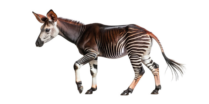 A full-body side view of an okapi walking, isolated on a black background