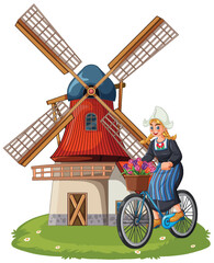 Dutch Woman Riding Bicycle Past Traditional Windmill