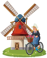 Selbstklebende Fototapeten Kinder Dutch Woman Riding Bicycle Past Traditional Windmill  © GraphicsRF