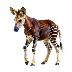 A young okapi calf with striking black and white stripes on its legs and a reddish-brown coat