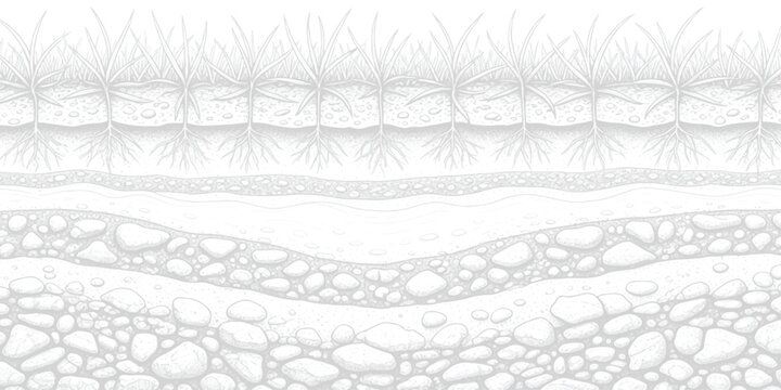 Soil Layers Cross Section Vector Illustration: Grass Roots Earth and Stone Texture