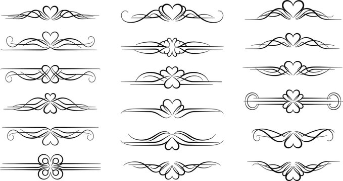 Elegant black and white vector dividers with ornate heart and swirl motifs are designed for classic text separation.