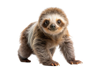 An adorable baby sloth crawling forward, looking directly at the camera with a curious smile