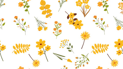 Delicate yellow wildflowers and leaves scattered across a bright white background