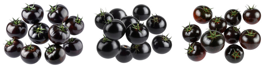  Floating Black Tomatoes with Natural Stems, Realistic Arrangement, Isolated on Transparent Background