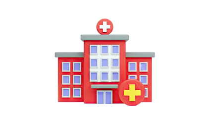 3D Rendered Red Hospital Building with Medical Cross Symbols