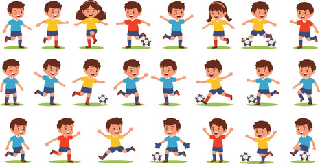 Cartoon children playing soccer in colorful uniforms with dynamic poses for sports design, education, and youth activity themes © Silent Soul
