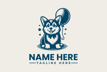 A blue-toned illustration of a cheerful dog with a balloon, surrounded by stars, on a clean white background, designed as a customizable logo with placeholder text.