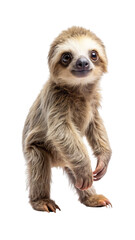 Adorable portrait of a curious baby sloth standing upright with big eyes looking at the viewer