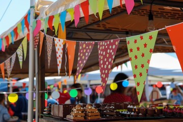 Vibrant pennant flags hanging above a food stall at an outdoor market create a festive ambiance