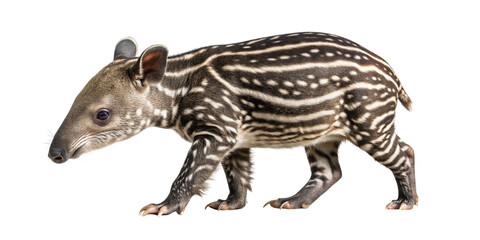 A young lowland tapir calf with distinctive stripes and spots walking in profile