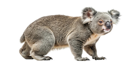 A koala walking forward against a simple black background for isolation