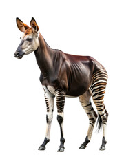 An okapi with a brown coat and distinct striped hindquarters stands isolated on a black background