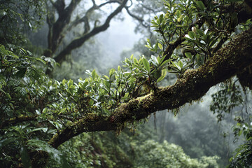 Fototapeta premium Moss covered tree branch with fresh green leaves in misty tropical rainforest, showcasing dense vegetation and serene natural atmosphere. Exotic jungle plants thrive in humid environment