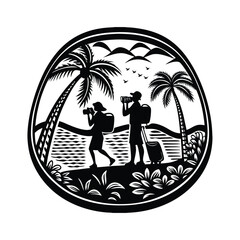 Couple Silhouettes with Cameras and Luggage on Tropical Beach vacation