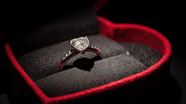 Diamond engagement ring in heart shaped box on dark background with romantic lighting symbolizing love proposal and commitment