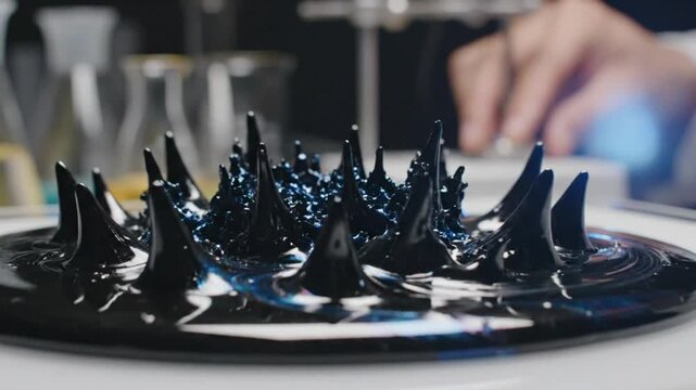 Ferrofluid magnetic fluid reaction, spikes and swirls dance under controlled electromagnetic field manipulation in laboratory environment