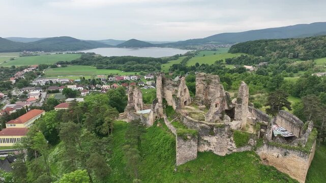 Aerial view of Divin Castle in the village of Divin in Slovakia