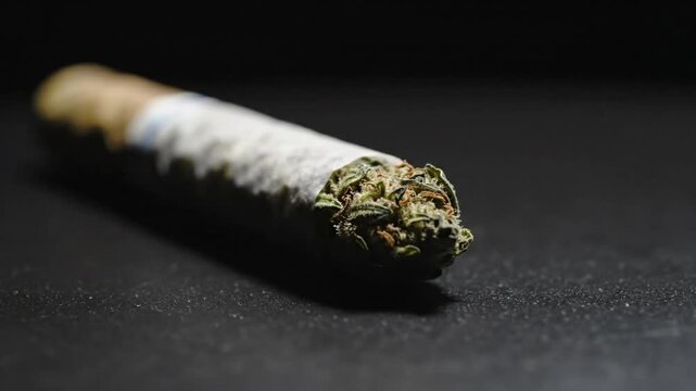 Close-up of a pre-rolled cannabis joint with green buds on a dark surface and background