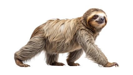 A three-toed sloth walks across a transparent background in a studio shot
