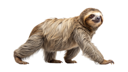 A three-toed sloth walks across a transparent background in a studio shot