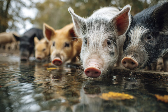 Piglet drinking water outdoors with multiple piglets in natural farm environment showing close up animal faces and reflection on water surface