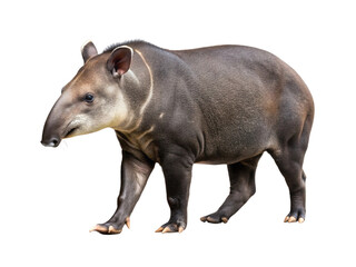 A lowland tapir walks forward in a side view, isolated against a solid black background.