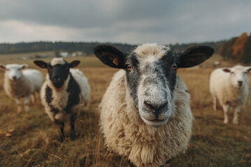 Fototapeta premium Close up of sheep with black and white face standing in grassy field with other sheep in background under cloudy sky, evoking calm rural atmosphere