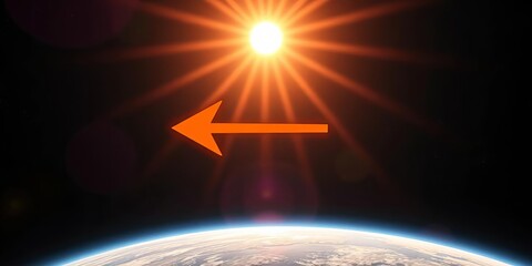 Abstract visualization of solar energy direction, featuring an arrow pointing towards a radiant spherical light source in space, research, future