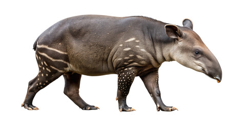 A lowland tapir walks in profile view against a black background