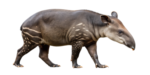 A lowland tapir walks in profile view against a black background