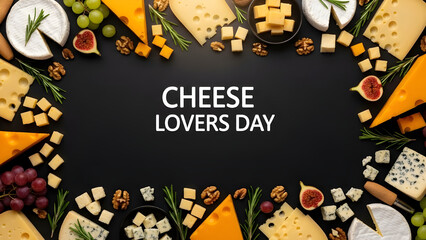 Cheese lovers day celebration frame with various cheeses, fruits, nuts, and rosemary on dark background