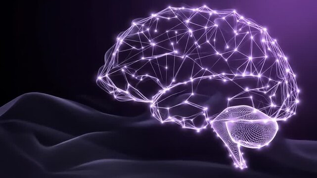 A glowing, stylized human brain rendered in purple lines and light against a dark background