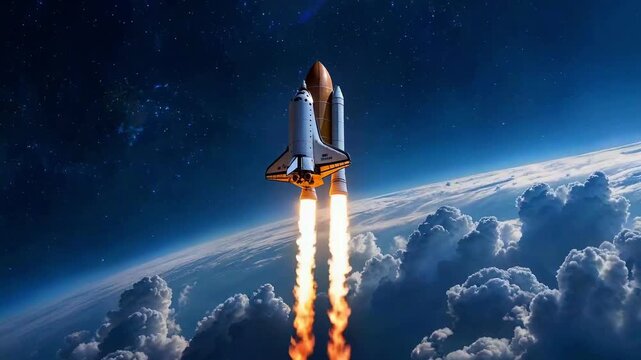A space shuttle blasts off into the sky with flames and clouds around it.