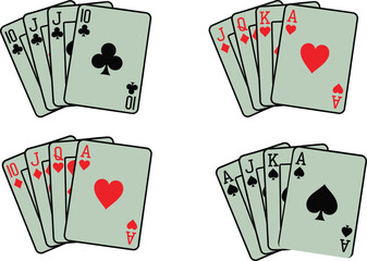 Stylized poker hands showing straight flush combinations in clubs, hearts, diamonds, and spades for game design and casino themes