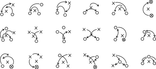 Grid of 20 sports strategy diagrams using symbolic player icons and arrows for game planning, coaching, and analysis © Silent Soul
