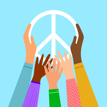 Palm of the hand of different colors of people with peace symbol, Multi ethnic people holding the word peace, Peace in the world concept. flat vector illustration design.