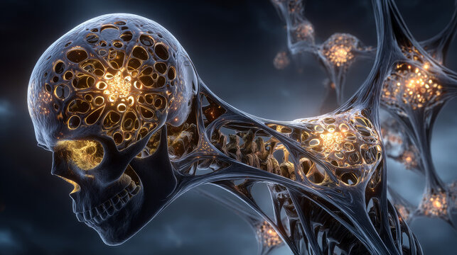 Spongy bone tissue affected by osteoporosis, 3D illustration
