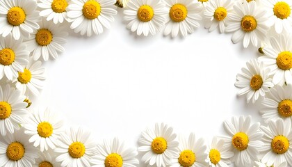 Obraz premium A delicate floral frame of white daisies with yellow centers arranged around a bright white background, creating a fresh and cheerful spring composition
