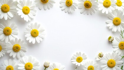 Obraz premium A delicate floral frame of white daisies with yellow centers arranged around a bright white background, creating a fresh and cheerful spring composition