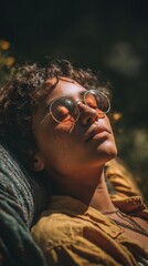 Young Woman Relaxing Outdoors with Sunglasses on a Sunny Day